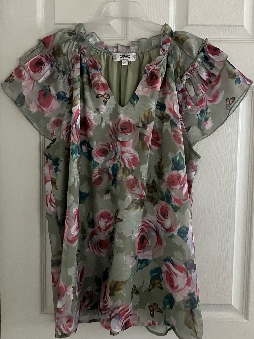 Shannon Ford New York Green Floral Pattern Top, Size 1X